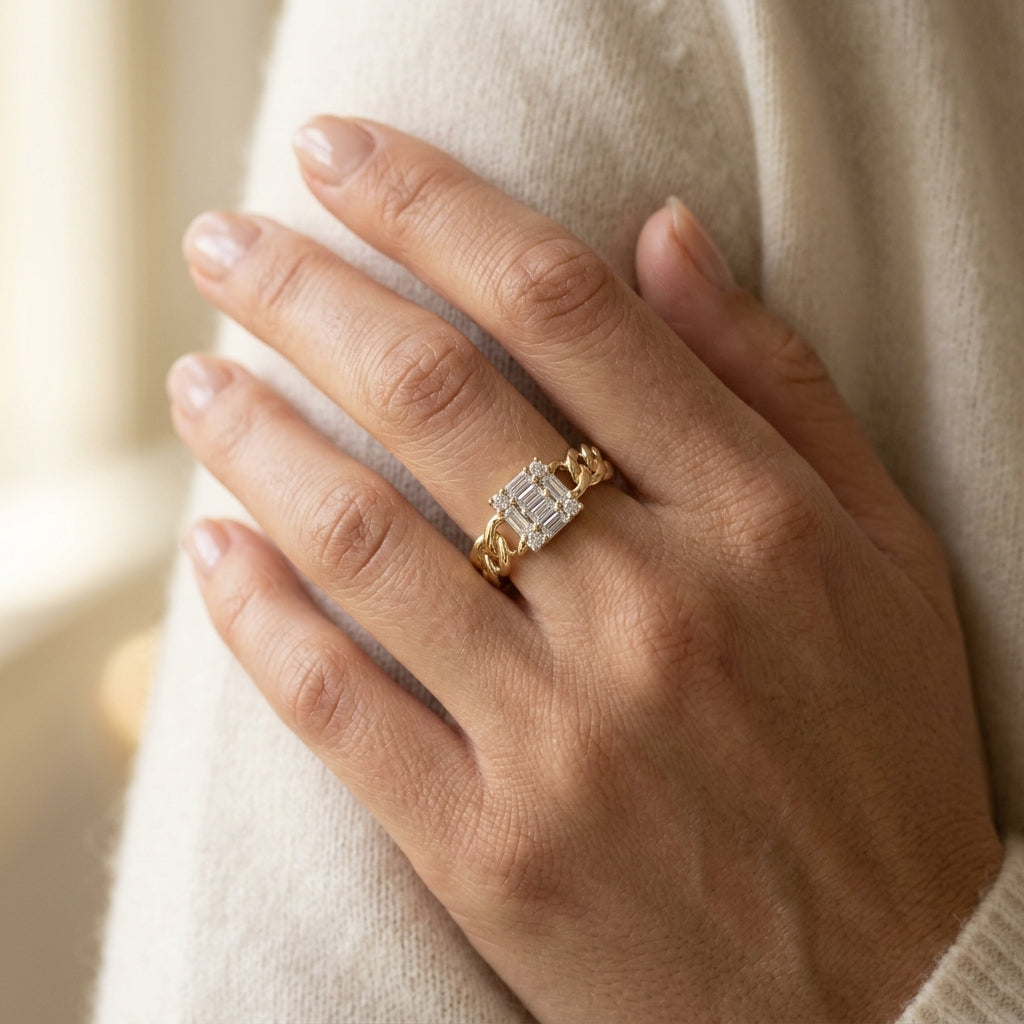 1/4 Ctw Fusion Baguette and Round Cut Diamond Curb & Cuban Link Fashion Ring in 14K Yellow Gold - worn lifestyle photo