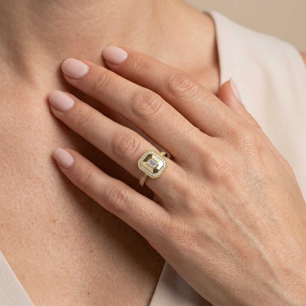 1/3 Ctw Octagonal Shaped Art Deco Emerald and Round Cut Diamond Fashion Ring in 14K Yellow Gold - worn lifestyle photo