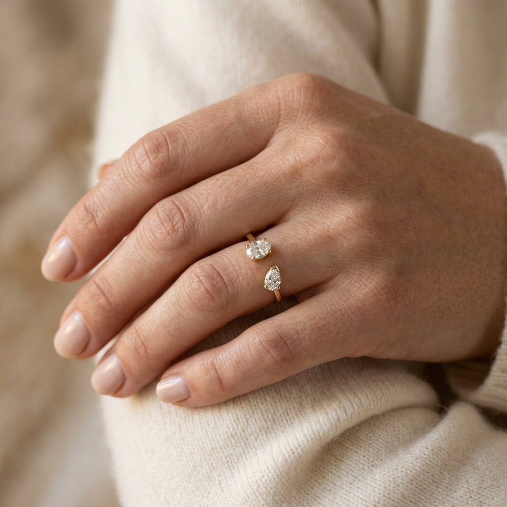 1/3 Ctw Toi Et Moi Oval and Pear Cut Diamond Open Fashion Ring in 14K Yellow Gold - worn lifestyle photo