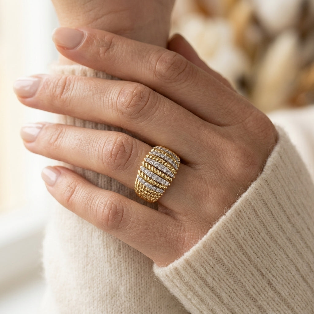 1/3 Ctw Dome Shape Rope Bead Round Cut Diamond Fashion Ring in 14K Yellow Gold - worn lifestyle photo