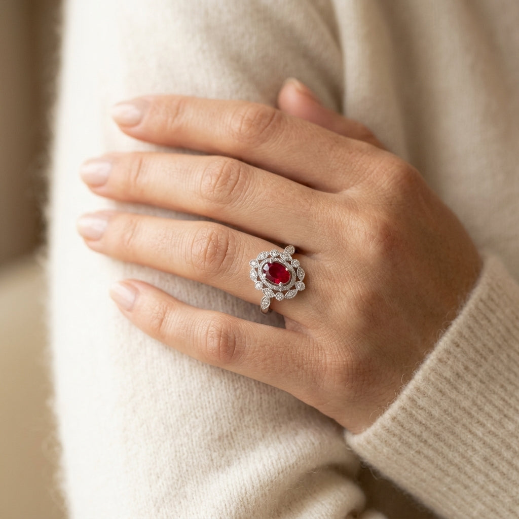 6X4 MM Oval Cut Ruby and 1/8 Ctw Lattice Reverse Taper Shank Round Cut Diamond Precious Ring in 10K White Gold - worn lifestyle photo