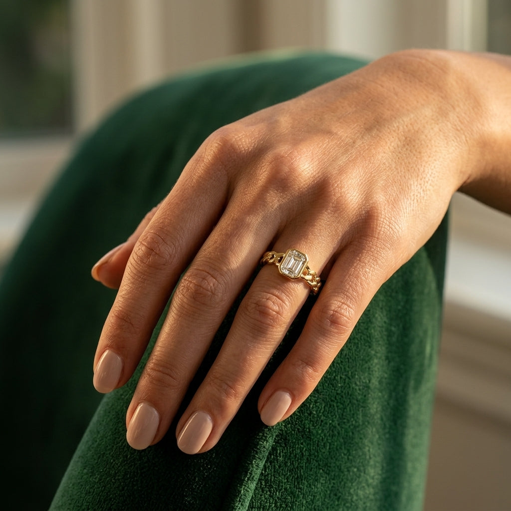 1/5 Ctw Bezel Set Emerald Cut Diamond Curb Link Fashion Ring in 14K Yellow Gold - worn lifestyle photo