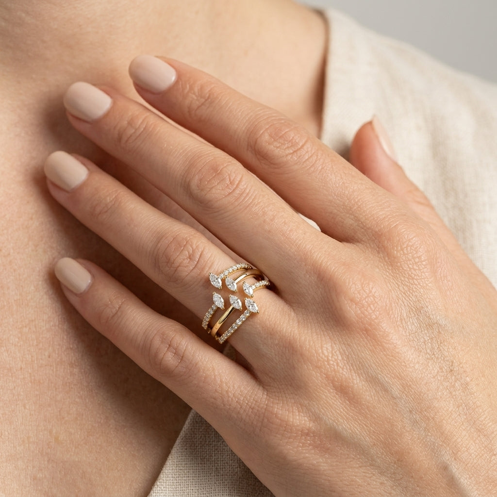7/8 Ctw Three-Way Split Marquise and Round Cut Diamond Fashion Open Ring in 14K Yellow Gold - worn lifestyle photo