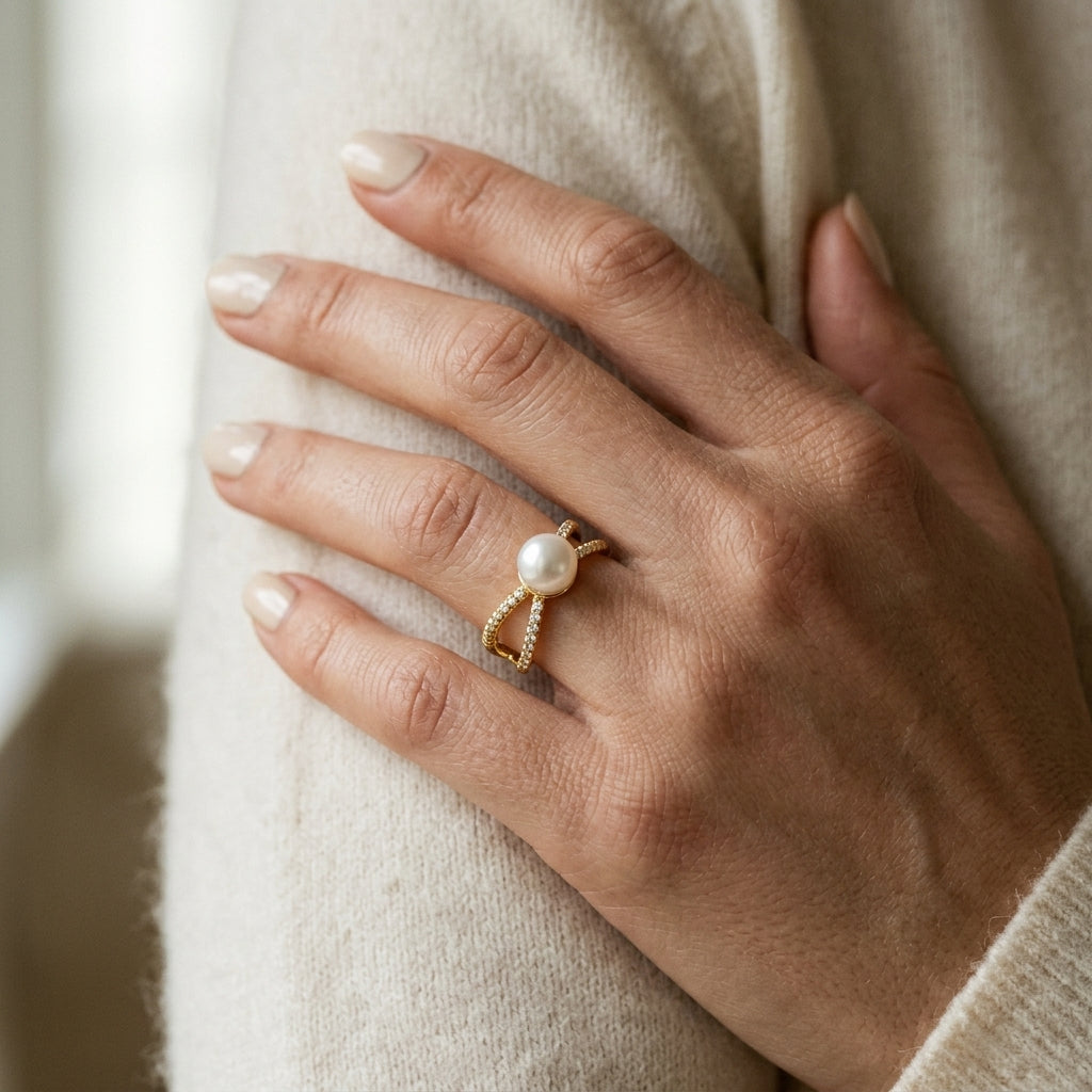 7 MM Cultured Pearl and 1/10 Ctw Round Cut Diamond Criss Cross Fashion Ring in 10K Yellow Gold - worn lifestyle photo