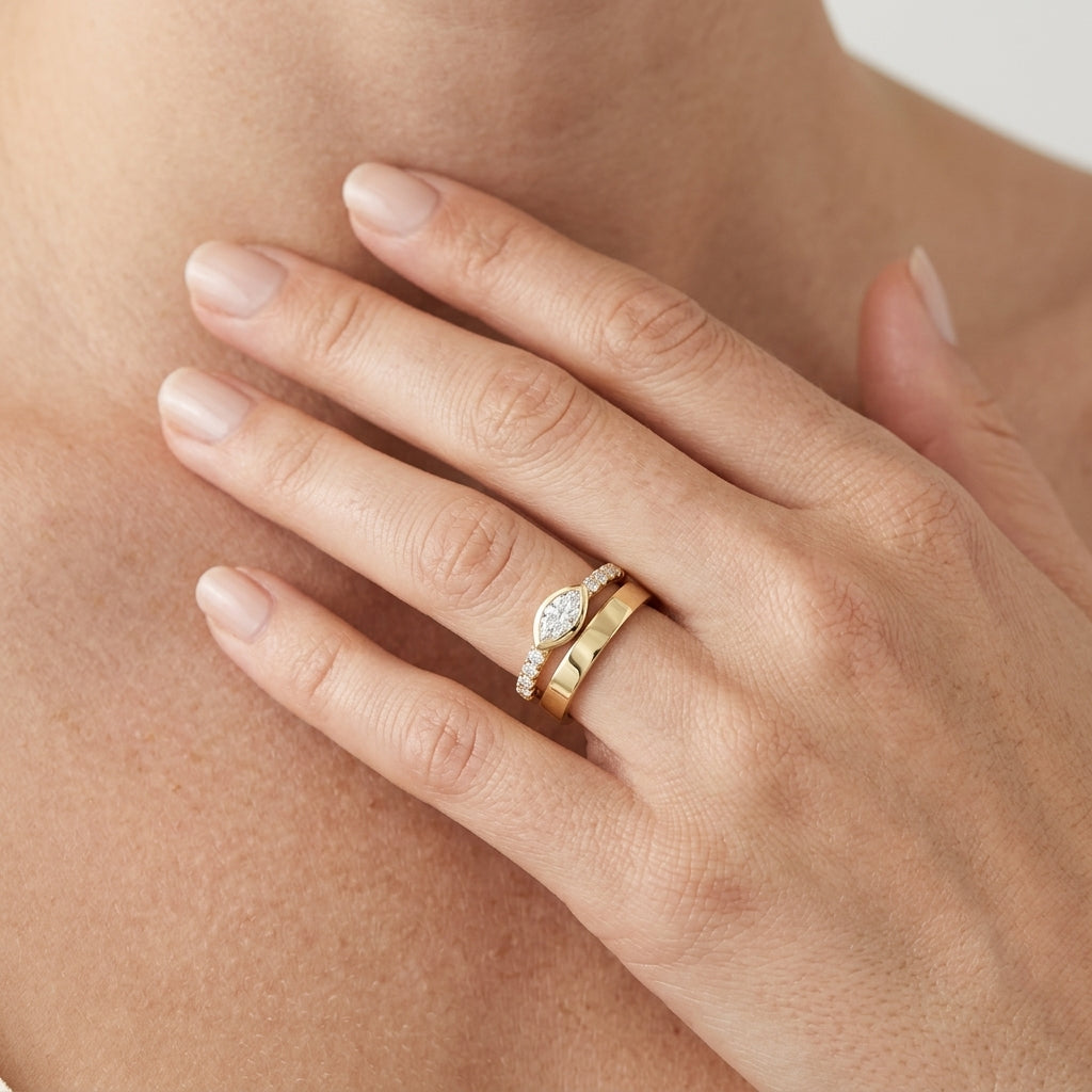 1/2 Ctw Split Twin Band Marquise and Round Cut Diamond Fashion Ring in 14K Yellow Gold - worn lifestyle photo