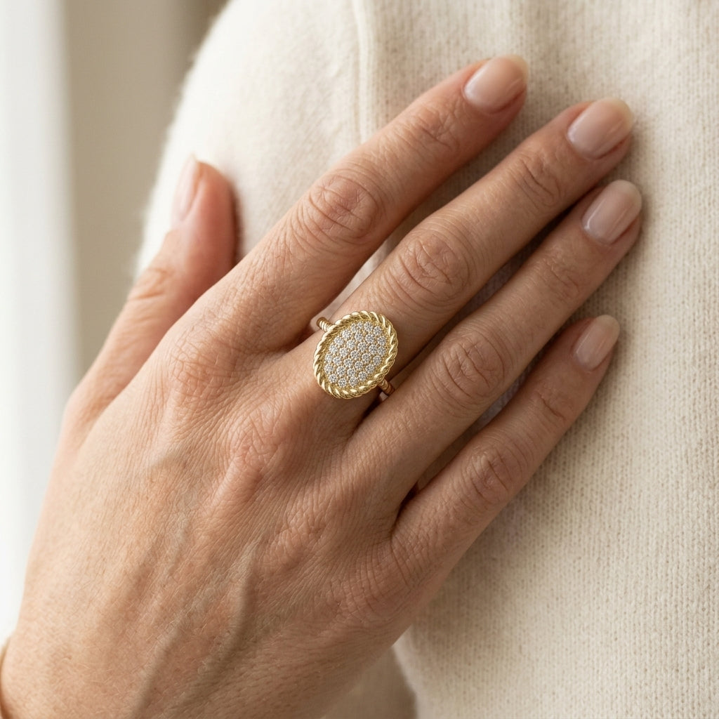 1/5 Ctw Oval Shape Rope Accent Round Cut Diamond Fashion Ring in 10K Yellow Gold - worn lifestyle photo