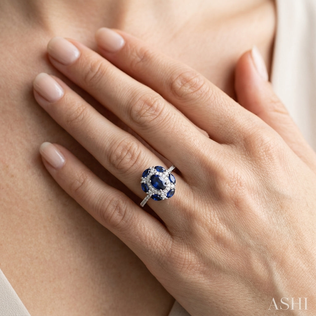 6X4 MM Oval Shape & 4X2 MM Marquise Shape Sapphire and 1/3 Ctw Round Cut Diamond Precious Ring in 14K White Gold - worn lifestyle photo