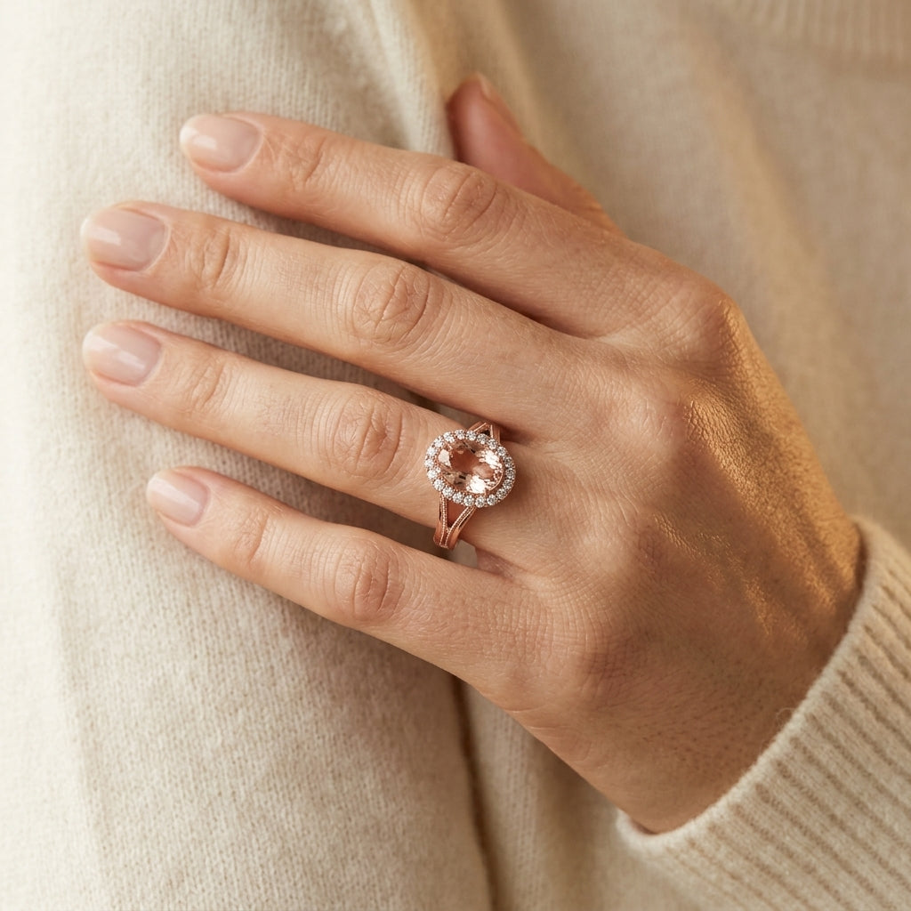 7X5 MM Oval Shape Morganite and 1/6 Ctw Round Cut Diamond Ring in 14K Rose Gold - worn lifestyle photo