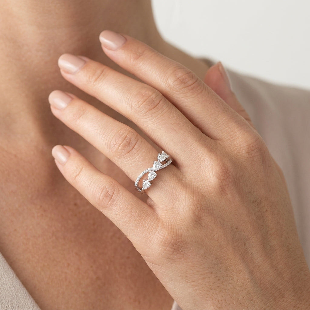 7/8 Ctw Split Criss Cross Pear and Round Cut Diamond Fashion Ring in 14K White Gold - worn lifestyle photo