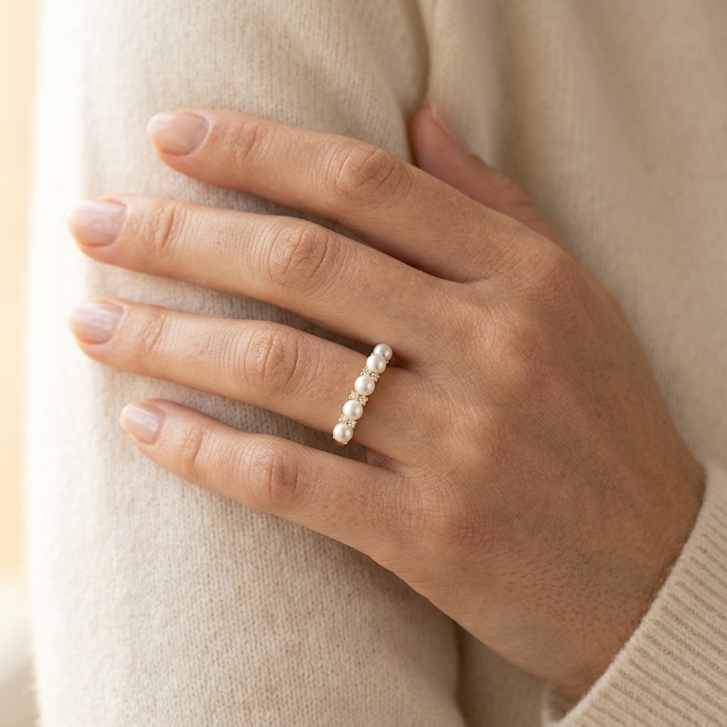 4 MM Round Shape Cultured Pearl and 1/6 Ctw Round Cut Diamond Semi-Precious Fashion Ring in 10K Yellow Gold - worn lifestyle photo