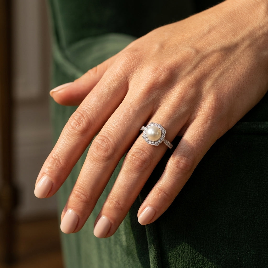 7 MM Cultured Pearl and 1/4 Ctw Round Cut Diamond Halo Ring in 10K White Gold - worn lifestyle photo