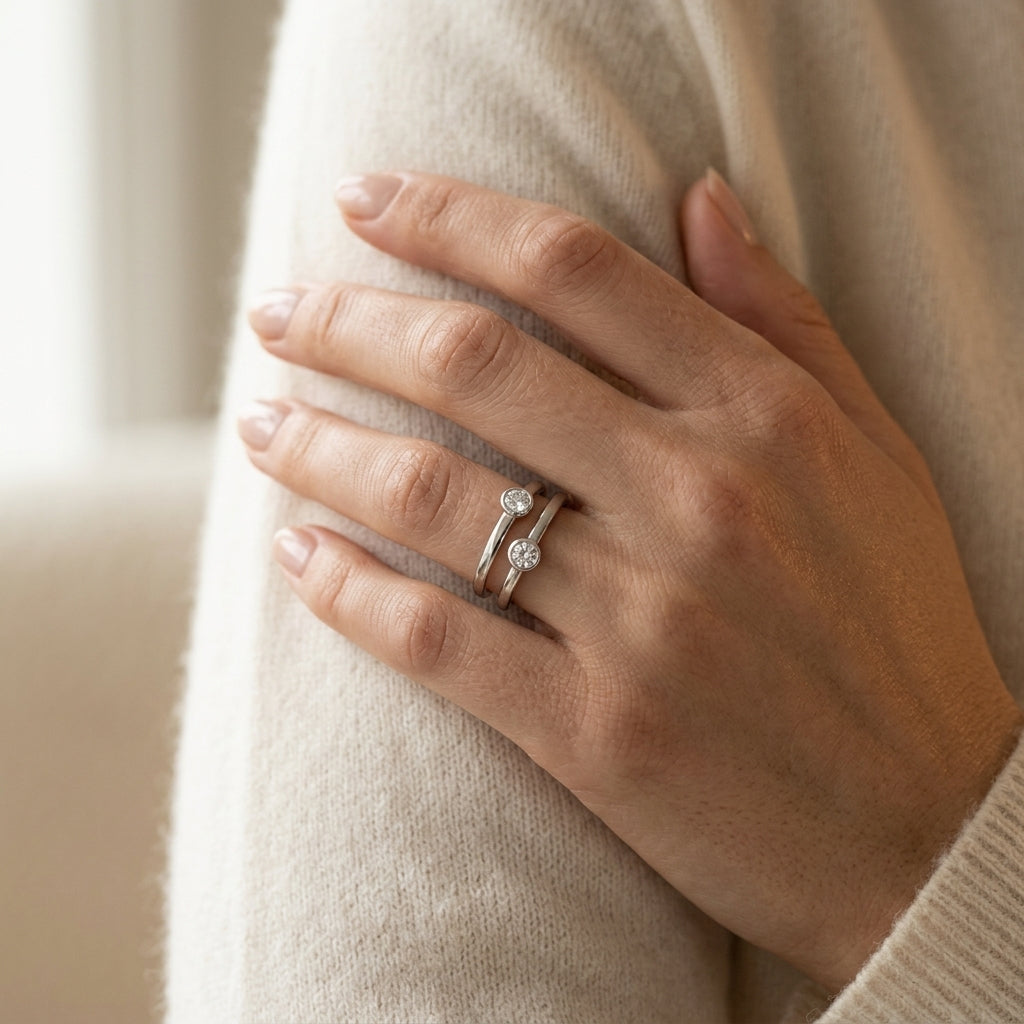 1/5 Ctw Round Shape Diamond Bezel Double Coil Fashion Ring in 14K White Gold - worn lifestyle photo
