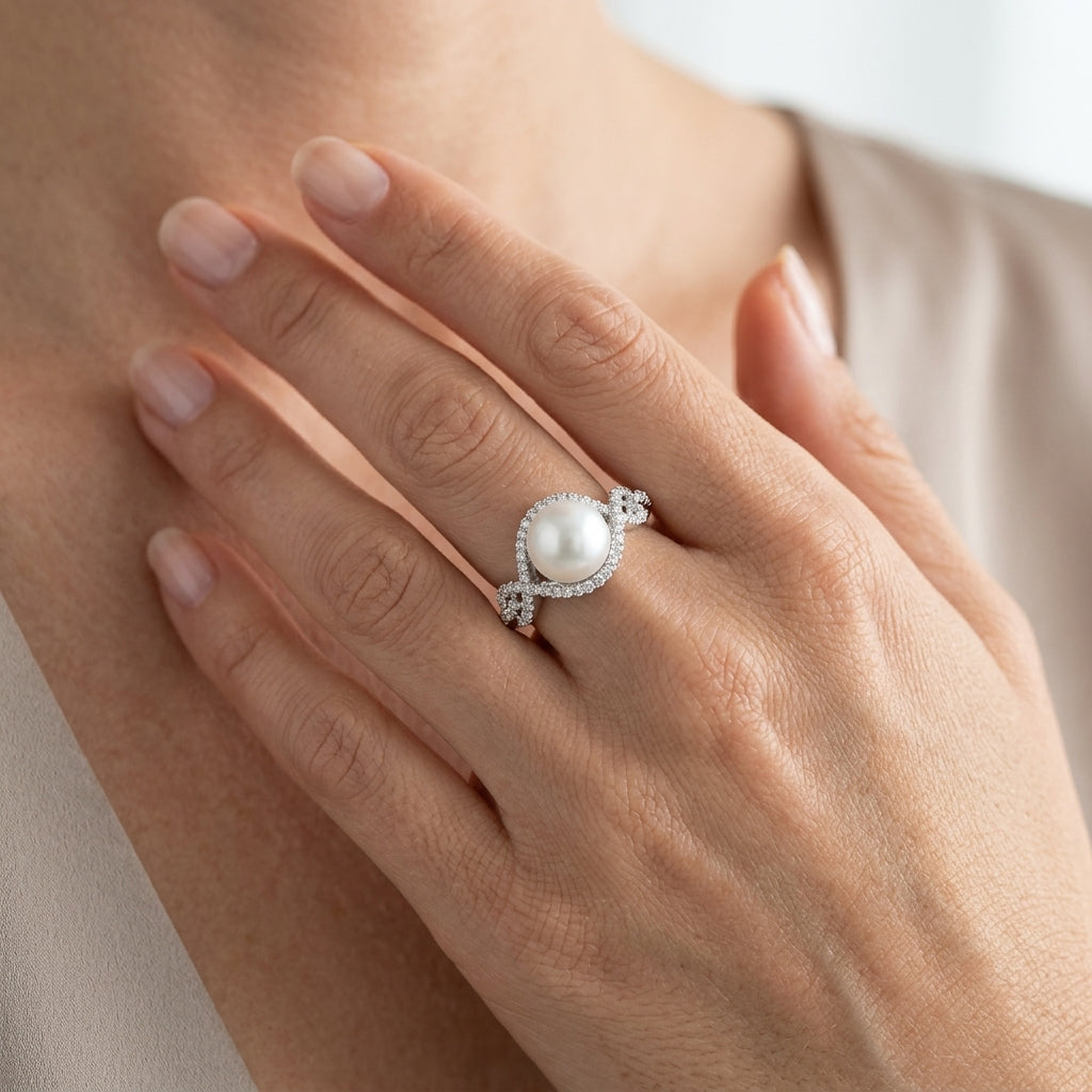 7 MM Round Shape Cultured Pearl and 1/5 Ctw Round Cut Diamond Twisted Open Lattice Ring in 10K White Gold - worn lifestyle photo