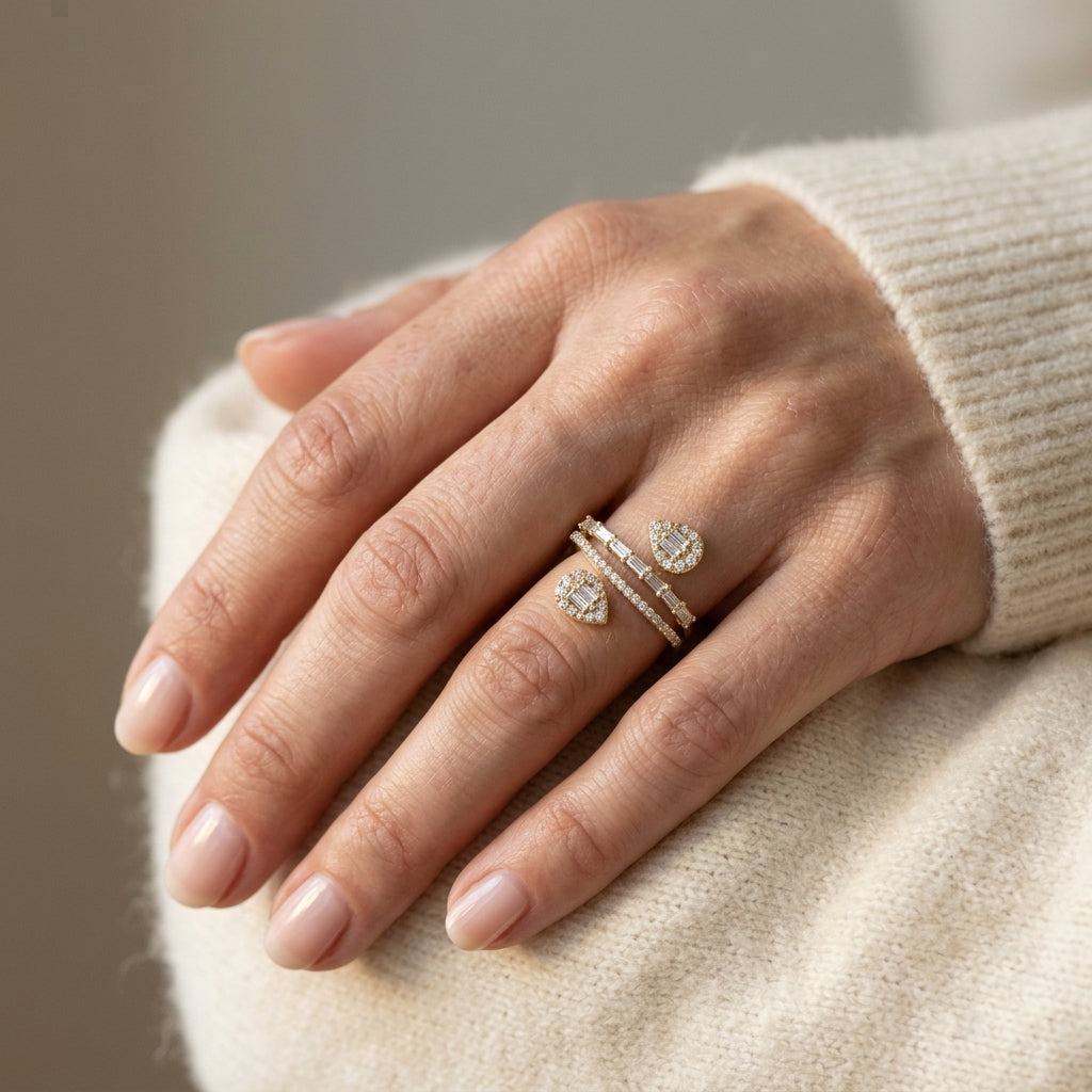3/4 Ctw Pear Shape Fusion Baguette and Round Cut Diamond Fashion Wrap Ring in 14K Yellow Gold - worn lifestyle photo