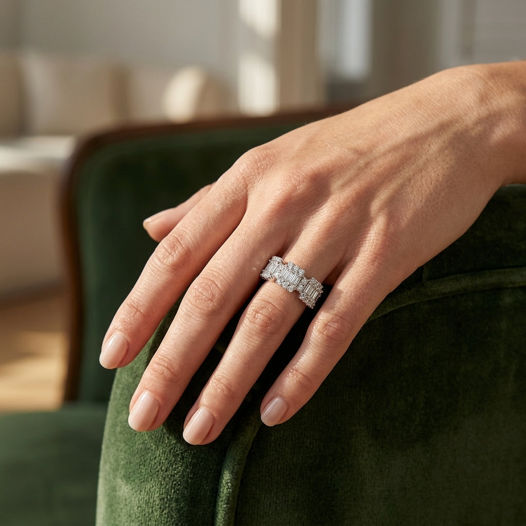 3/4 Ctw Baguette and Round Cut Diamond Fusion Ring in 14K White Gold - worn lifestyle photo