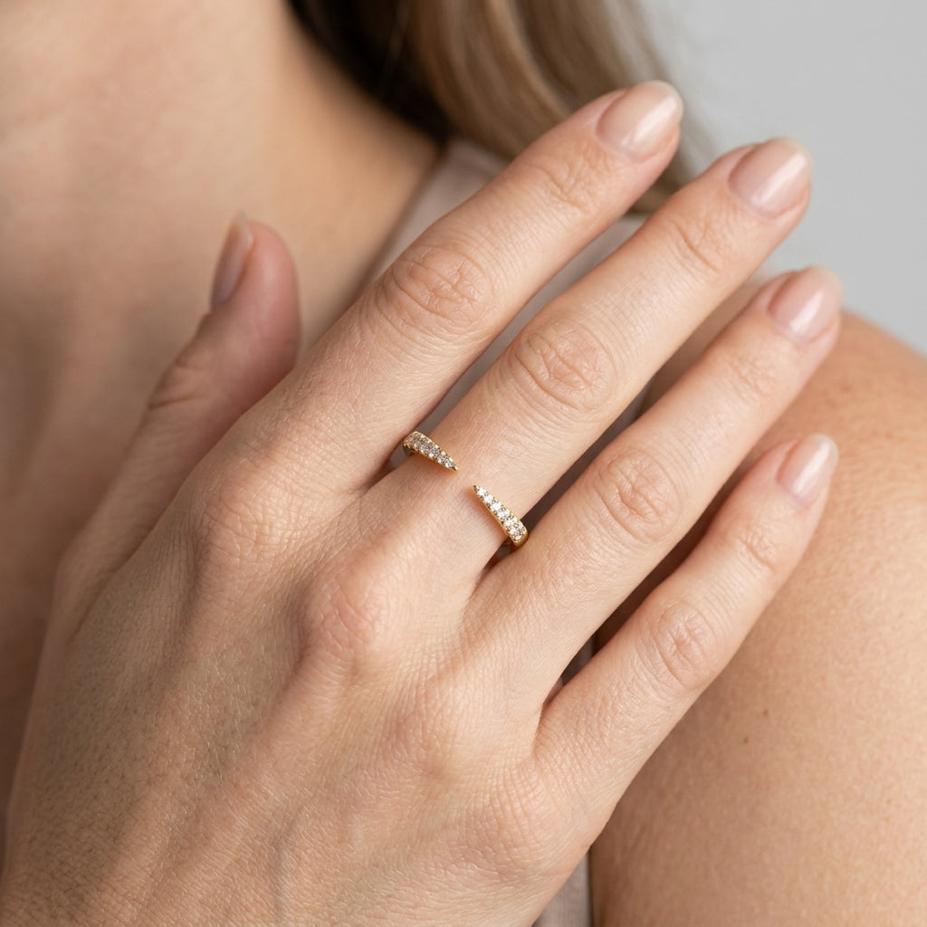 1/5 Ctw Graduated Round Cut Diamond Claw Open Fashion Ring in 10K Yellow Gold - worn lifestyle photo