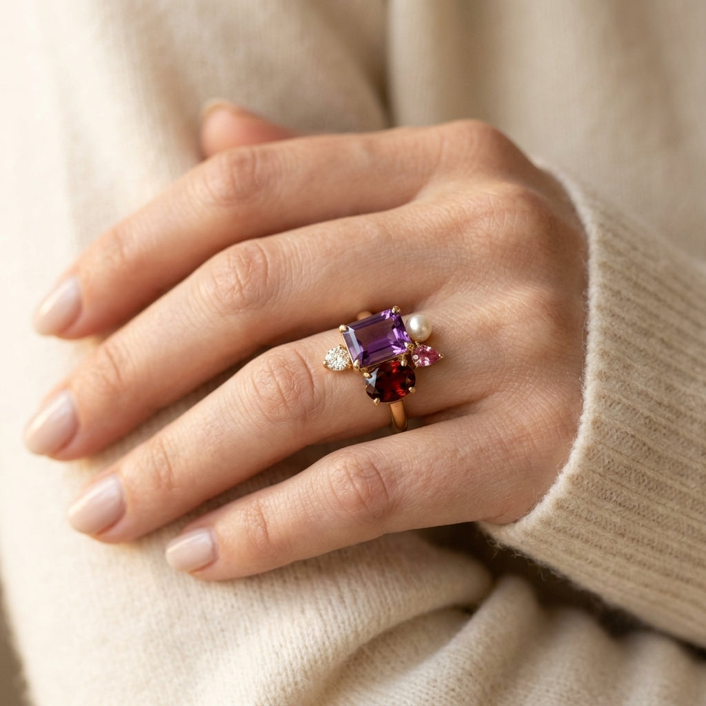 5 MM White Cultured Pearl and 1/20 Ctw Round Cut Diamond Halo Ring in 10K Yellow Gold - worn lifestyle photo