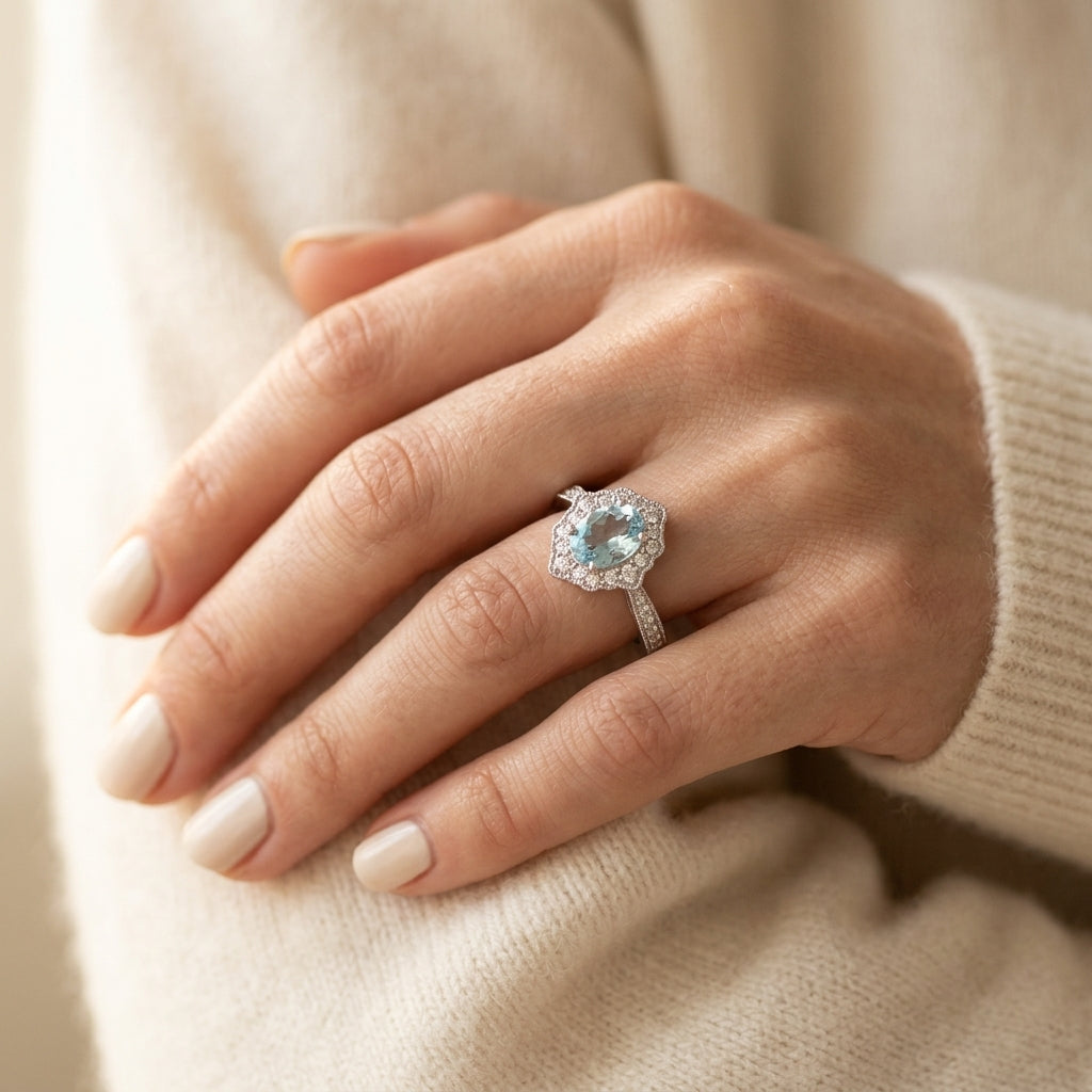 6X4 MM Oval Shape Aquamarine and 1/5 Ctw Round Cut Diamond Semi-Precious Ring in 10K White Gold - worn lifestyle photo