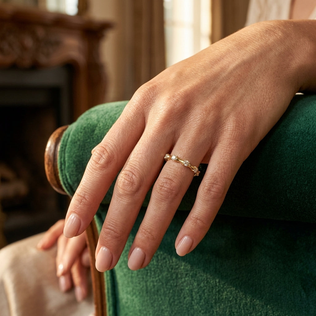 1/10 Ctw Bamboo Shoot Inspired Round Cut Diamond Fashion Ring in 10K Yellow Gold - worn lifestyle photo