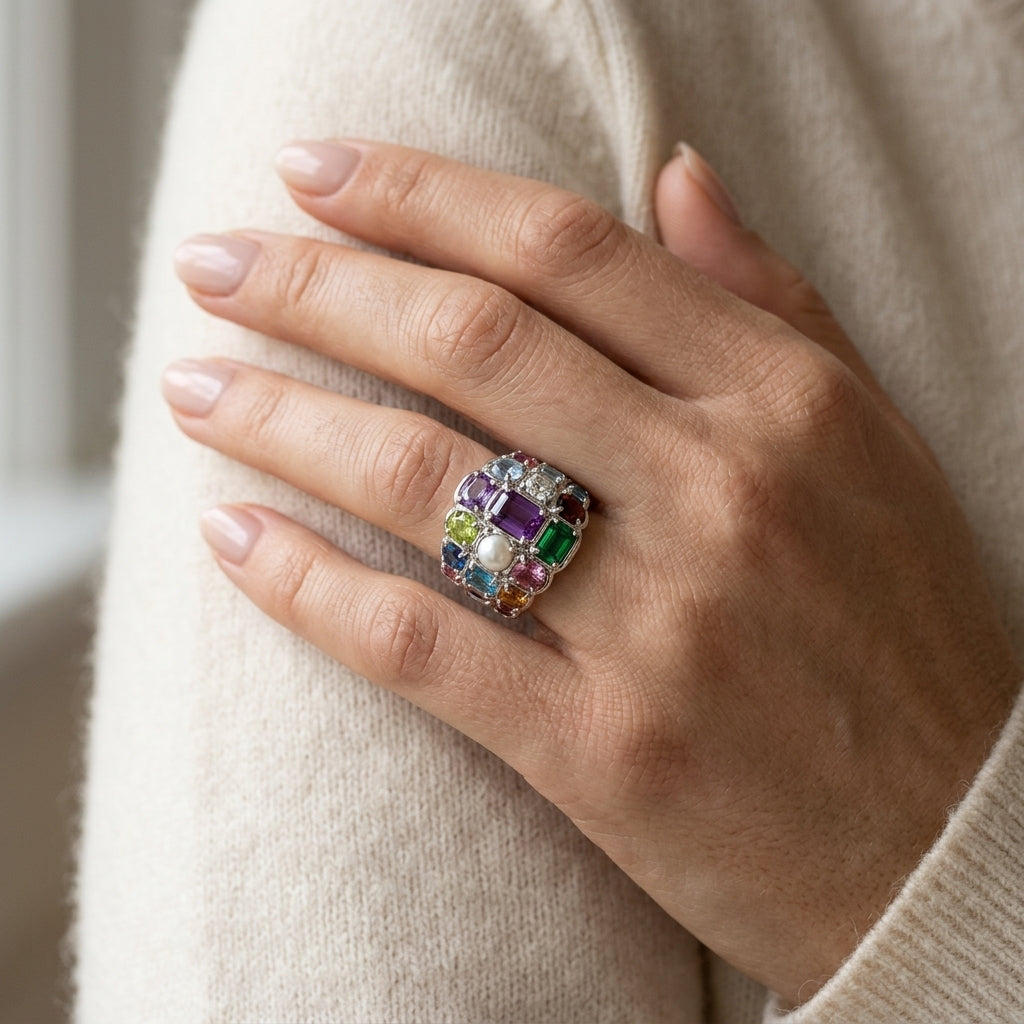 1/20 Ctw Oval Cut 6X4 MM Aquamarine and Round Cut Diamond semi-precious Ring in 10K Yellow Gold - worn lifestyle photo