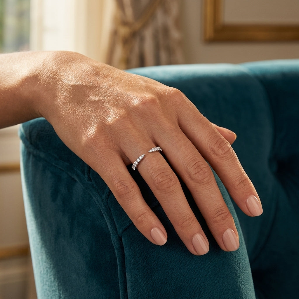 1/5 Ctw Graduated Round Cut Diamond Claw Open Fashion Ring in 10K White Gold - worn lifestyle photo