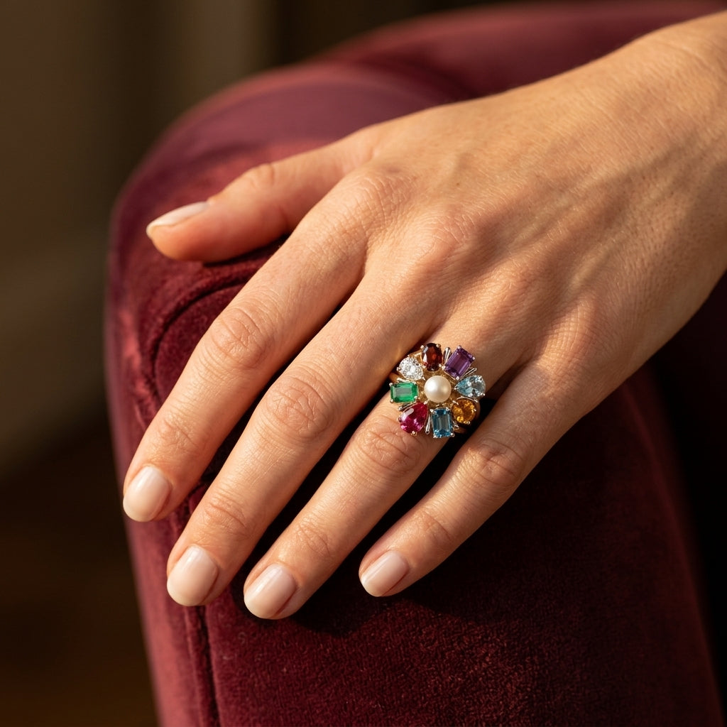 1/20 Ctw Oval Cut 6X4 MM Blue Topaz and Round Cut Diamond semi-precious Ring in 10K Yellow Gold - worn lifestyle photo