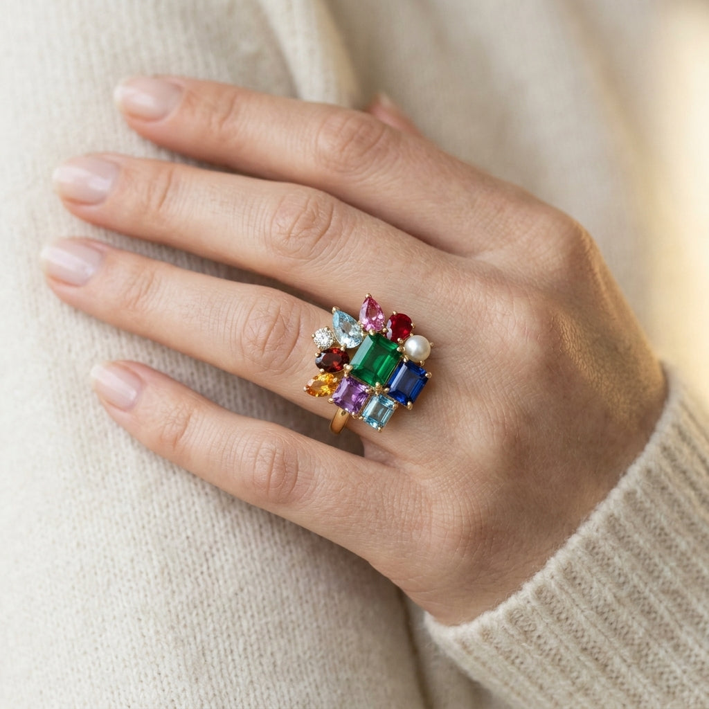 1/20 Ctw Oval Cut 6X4 MM Garnet and Round Cut Diamond semi-precious Ring in 10K Yellow Gold - worn lifestyle photo