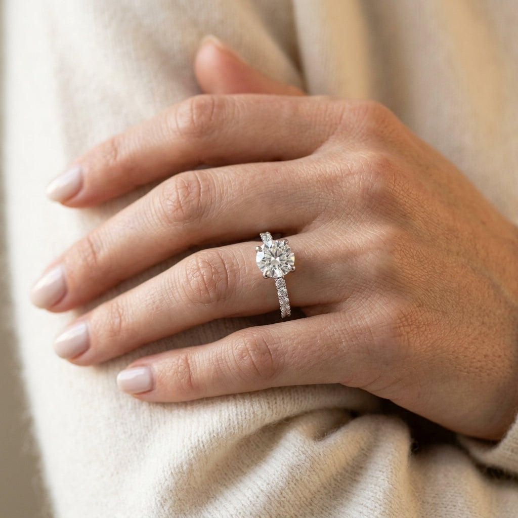 Accented Round Engagement Ring - worn lifestyle photo