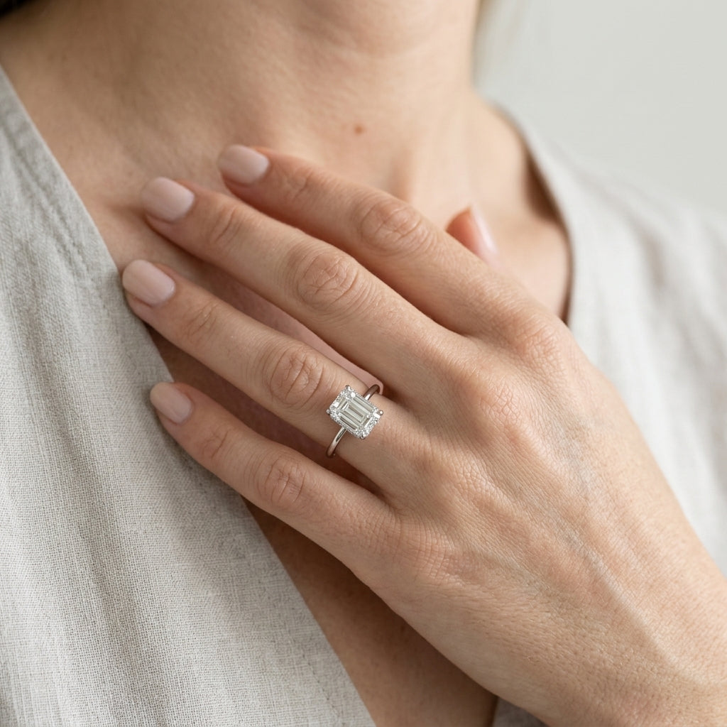 Emerald Cut Hidden Halo Engagement Ring - worn lifestyle photo