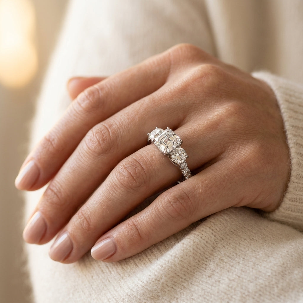 3-Stone Single Row Engagement Ring - worn lifestyle photo
