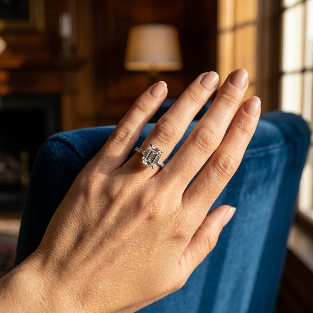 Hidden Halo Emerald Cut Engagement Ring - worn lifestyle photo