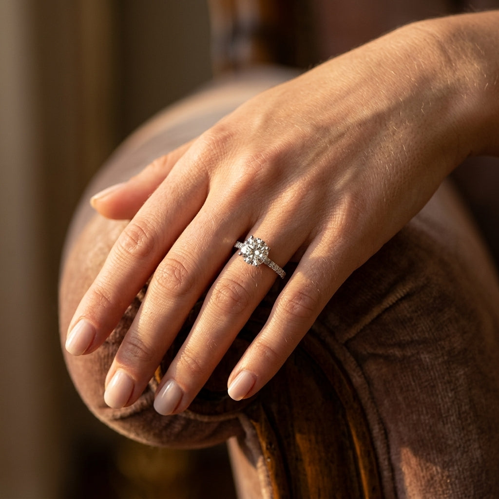 Round Hidden Halo Engagement Ring - worn lifestyle photo