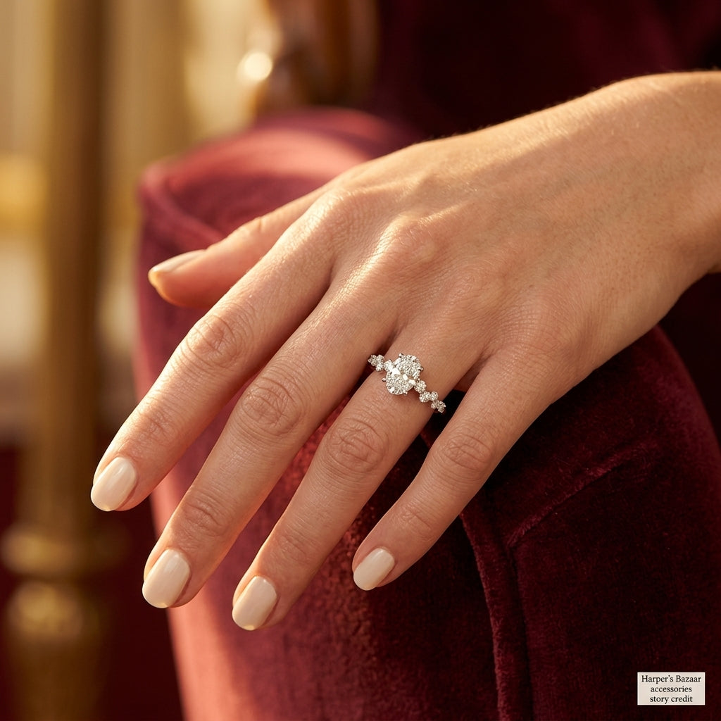 Scattered Diamond Oval Engagement Ring - worn lifestyle photo