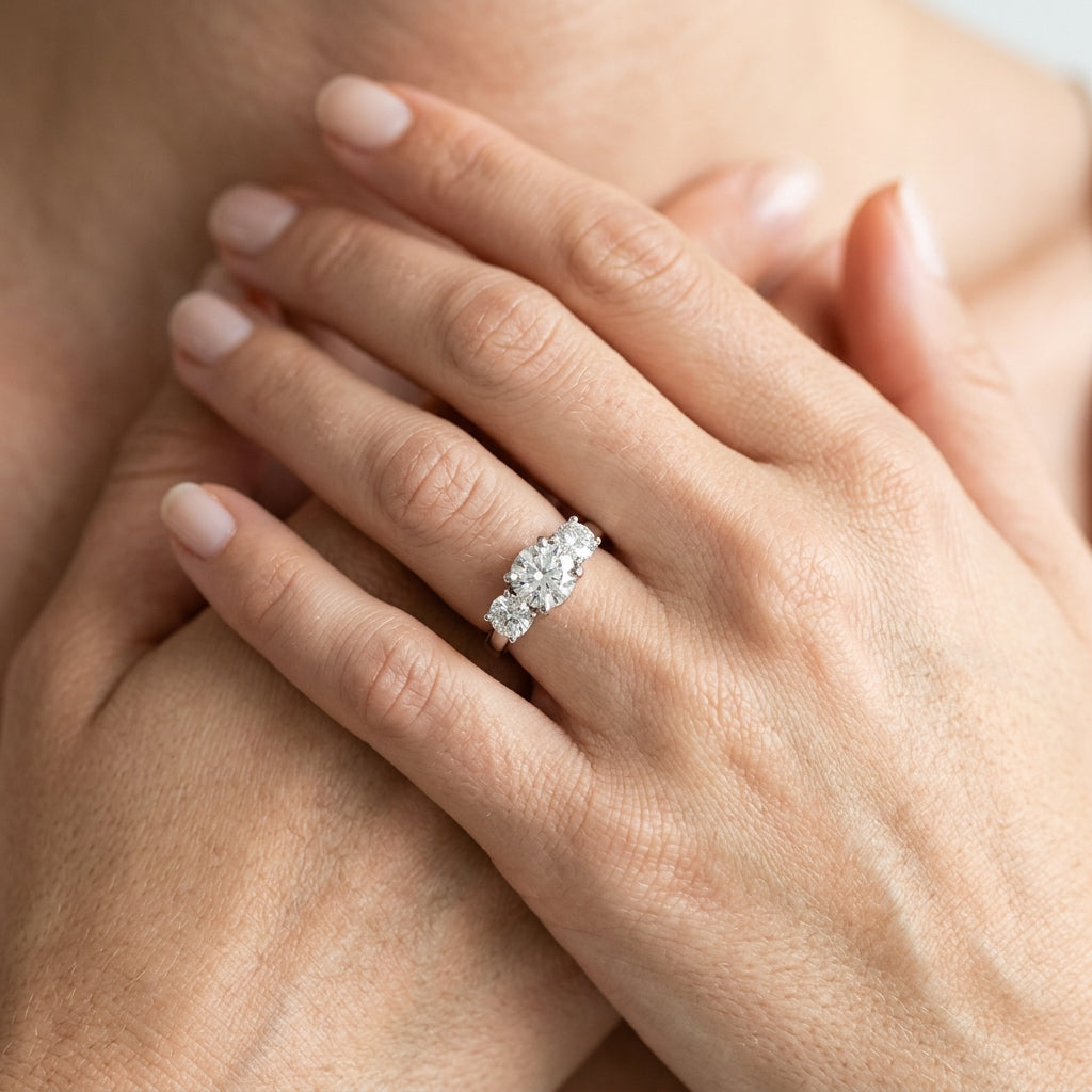 3-Stone Trellis Engagement Ring - worn lifestyle photo