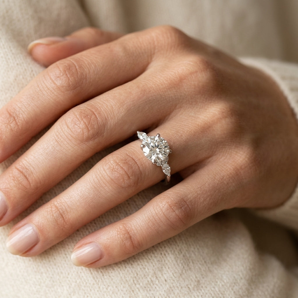 Marquise & Round Accented Engagement Ring - worn lifestyle photo