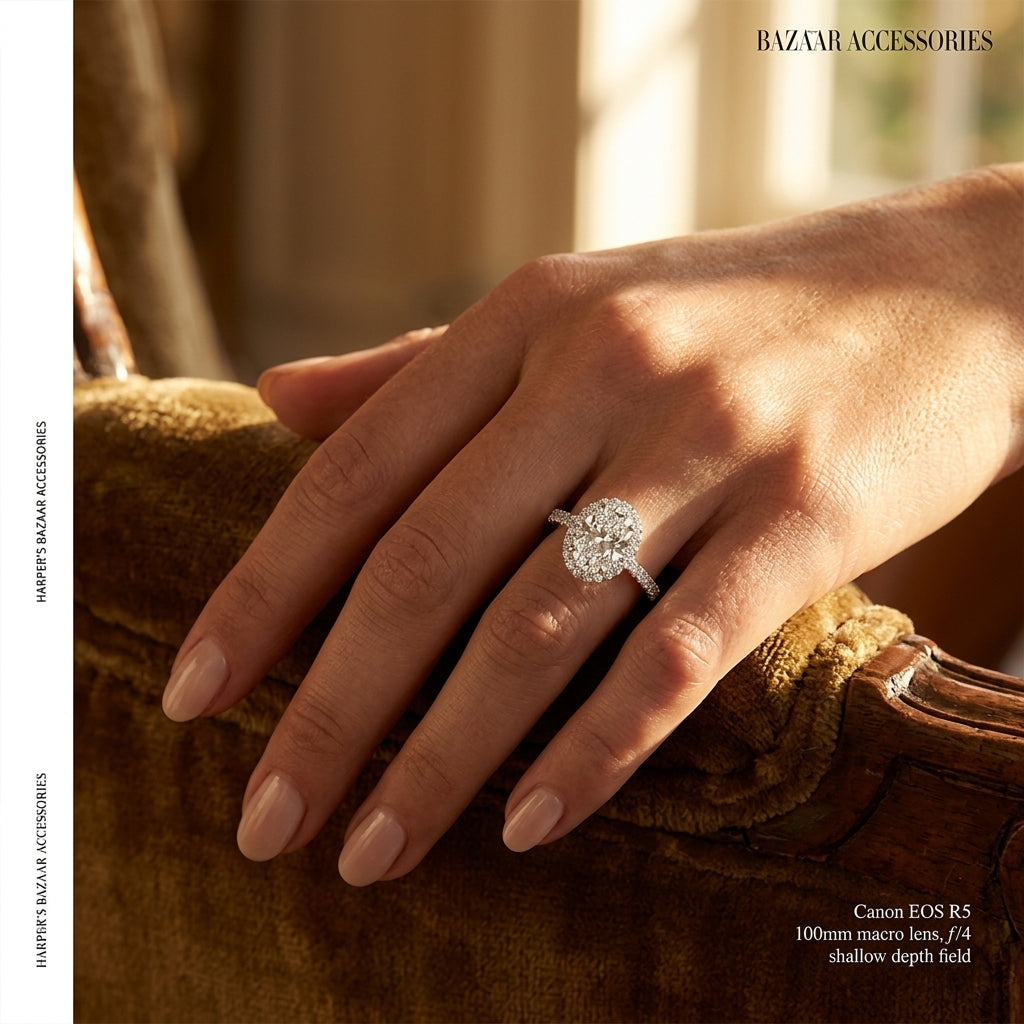 Oval Halo Single Row Engagement Ring - worn lifestyle photo