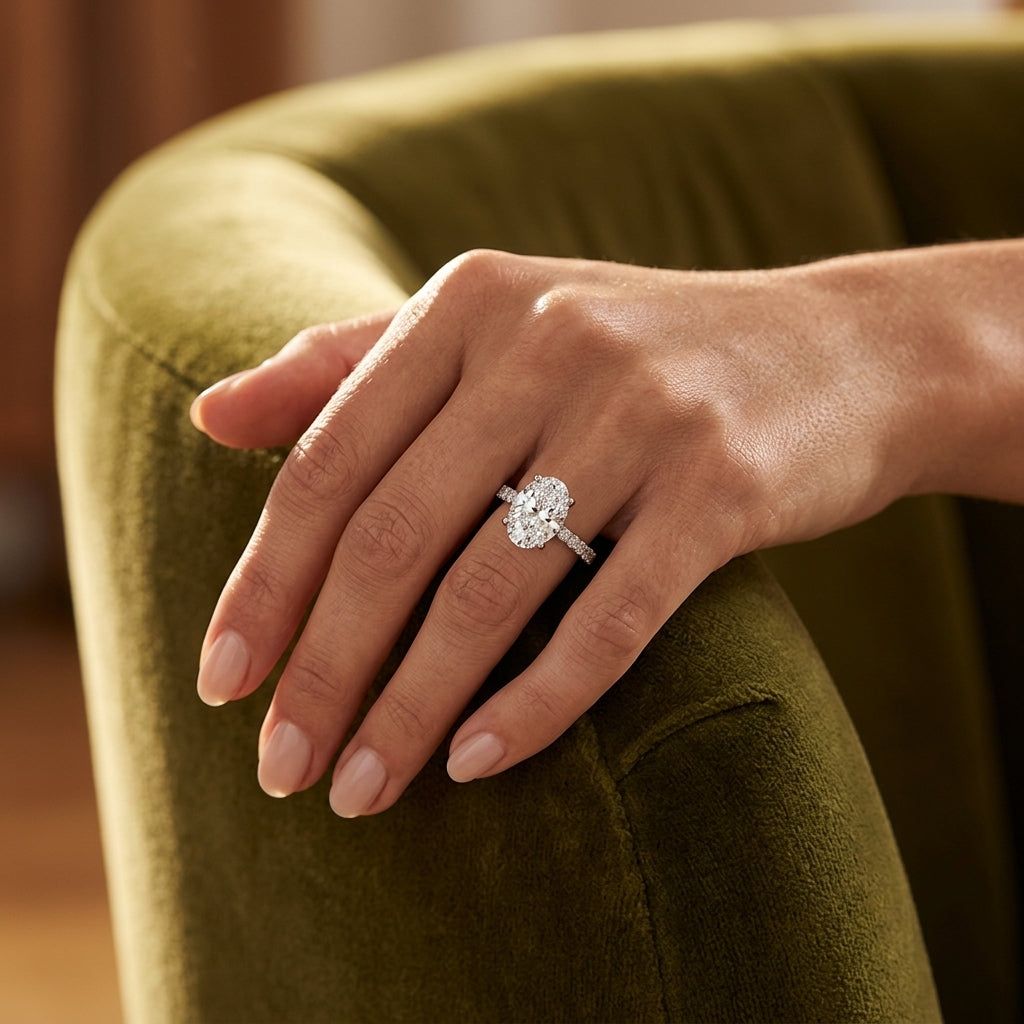 Hidden Halo Oval Engagement Ring - worn lifestyle photo