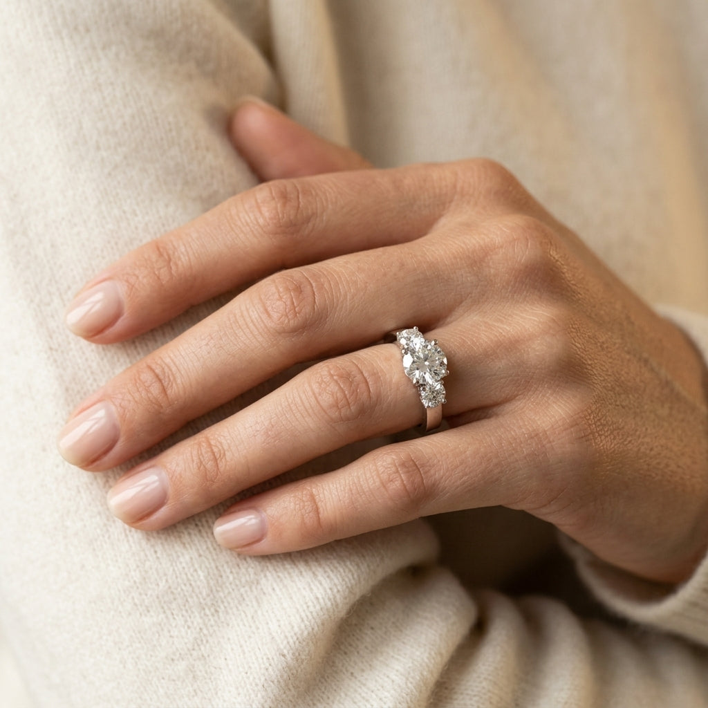 3-Stone Round Engagement Ring - worn lifestyle photo