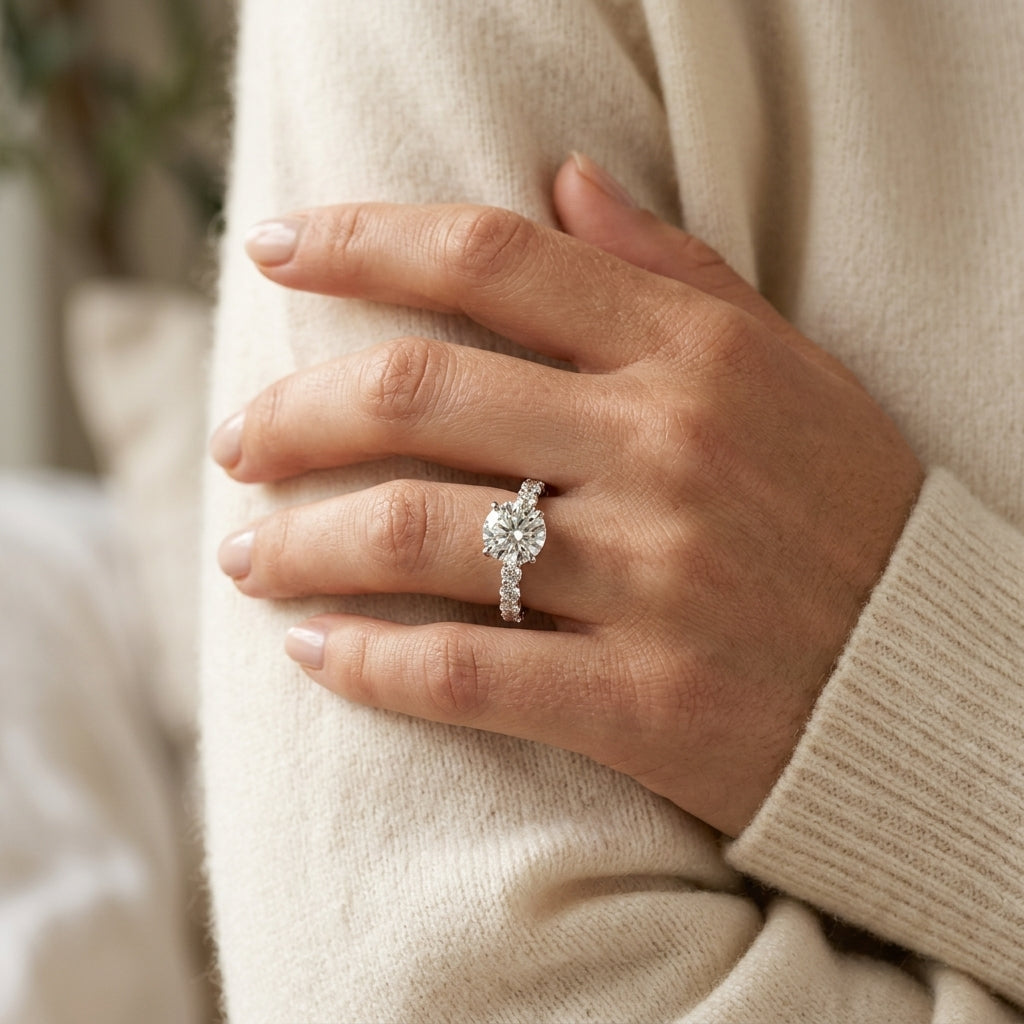 Single Shared Prong Engagement Ring - worn lifestyle photo