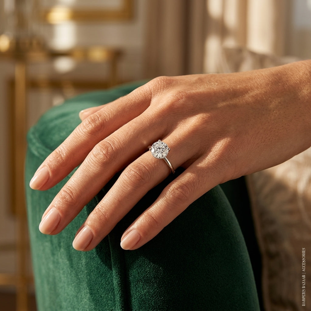 Hidden Halo Round Engagement Ring - worn lifestyle photo