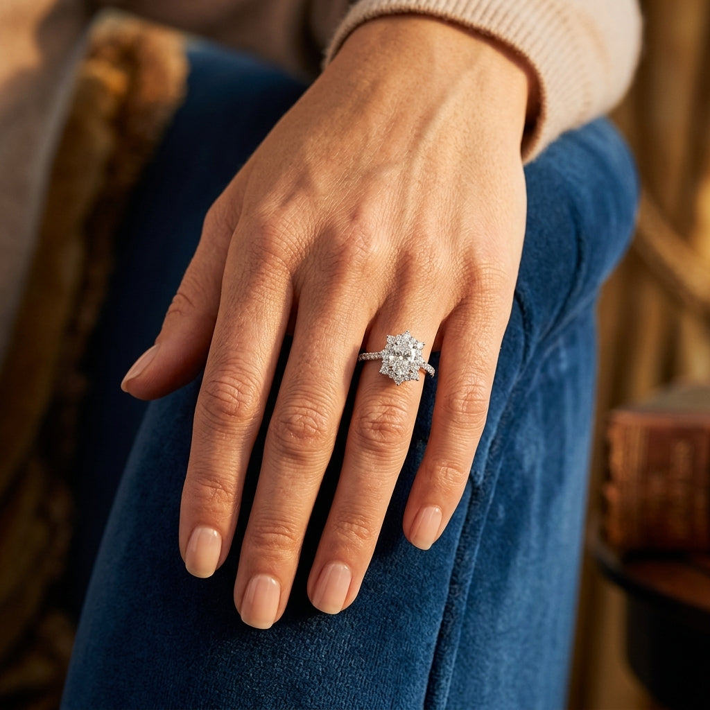Vintage Inspired Oval Halo Engagement Ring - worn lifestyle photo