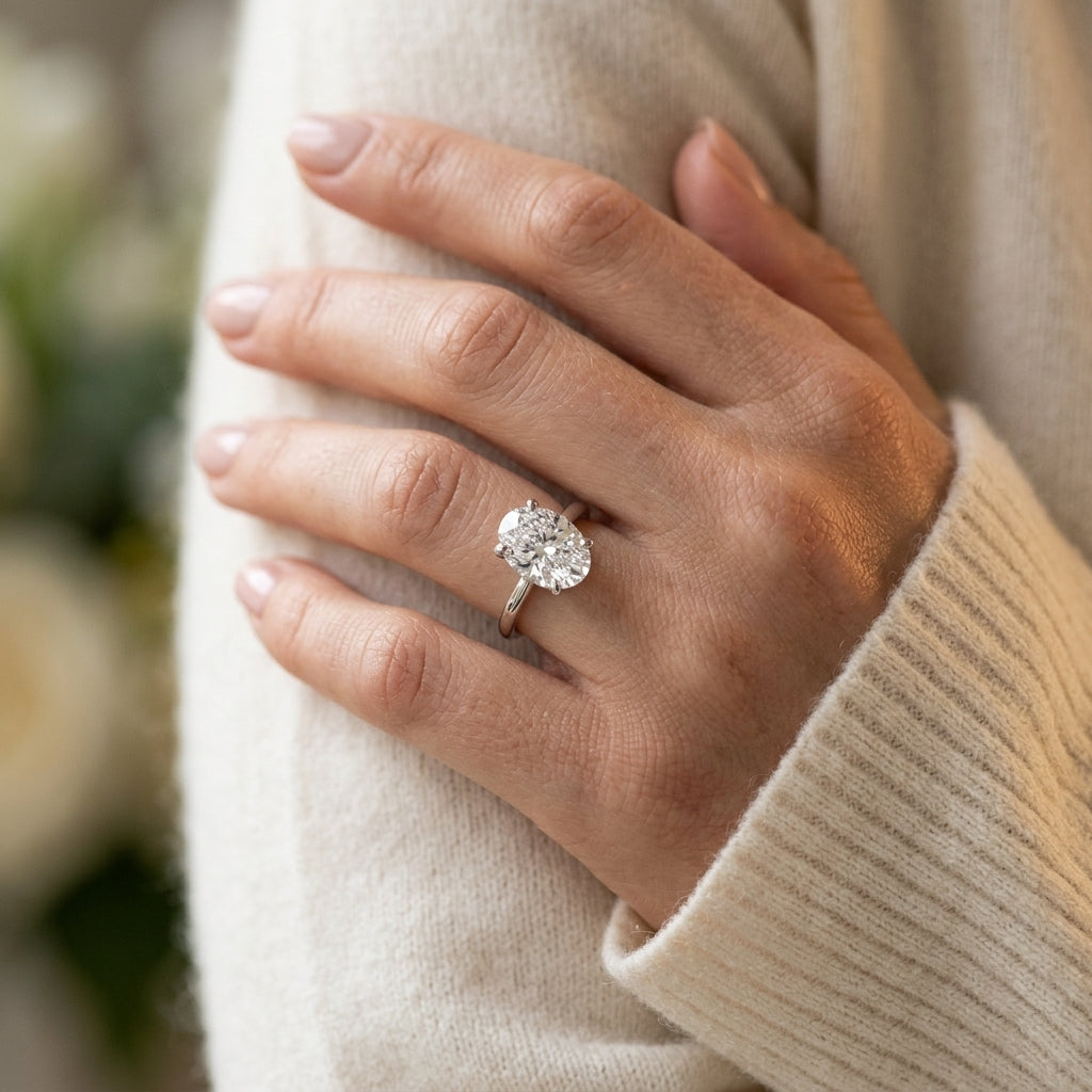 Solitaire Oval Engagement Ring - worn lifestyle photo