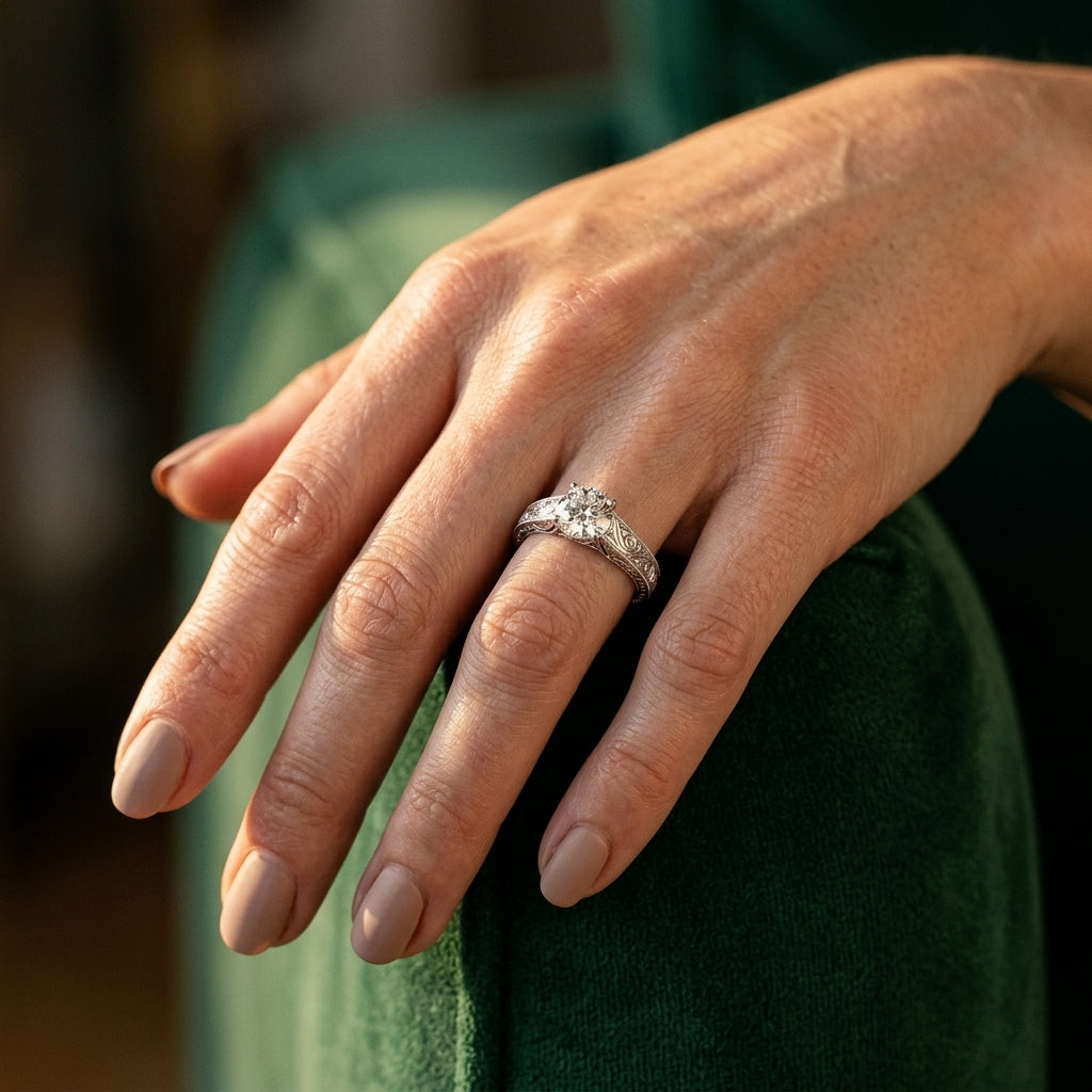 Vintage Inspired Trellis Engagement Ring - worn lifestyle photo