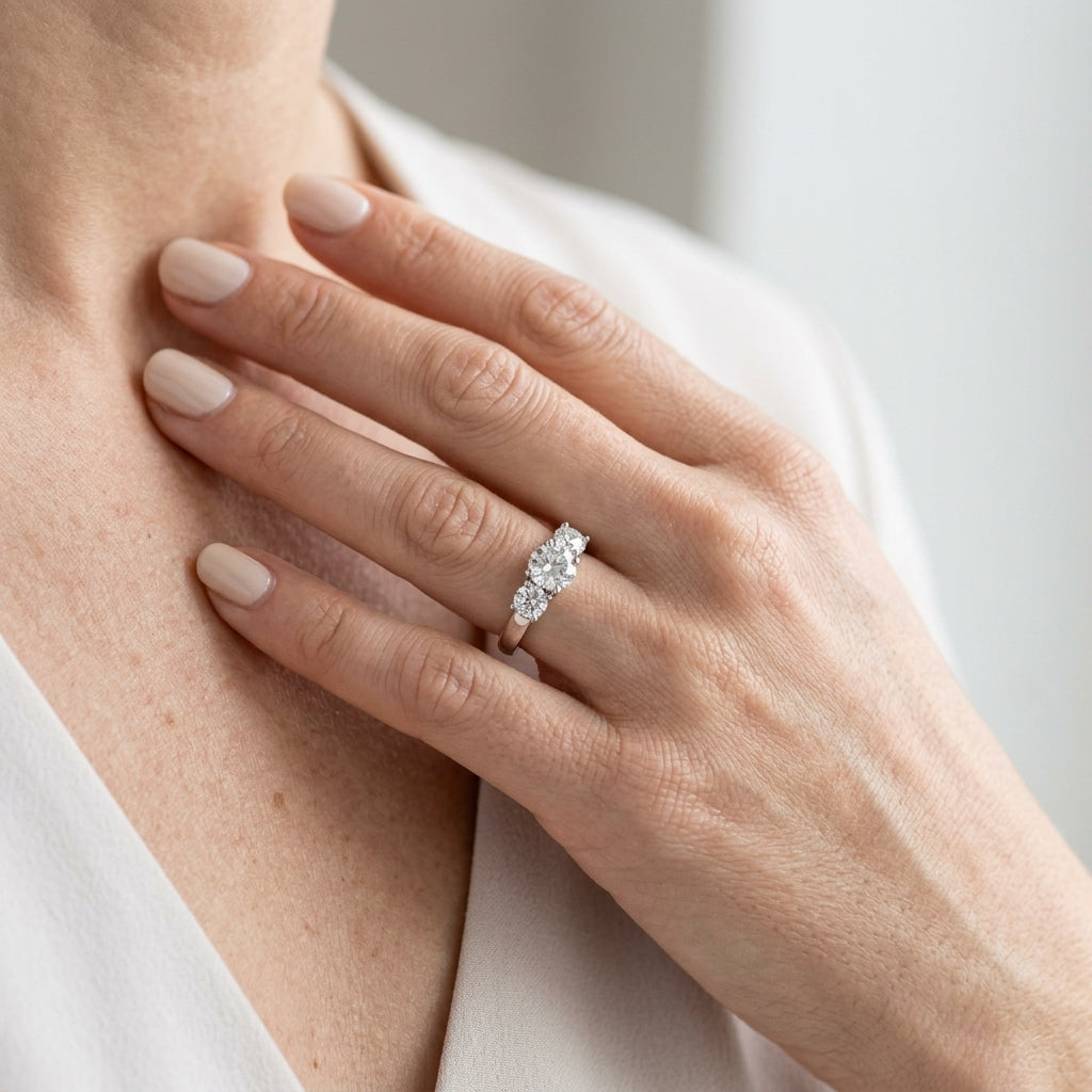 3-Stone Round Trellis Engagement Ring - worn lifestyle photo