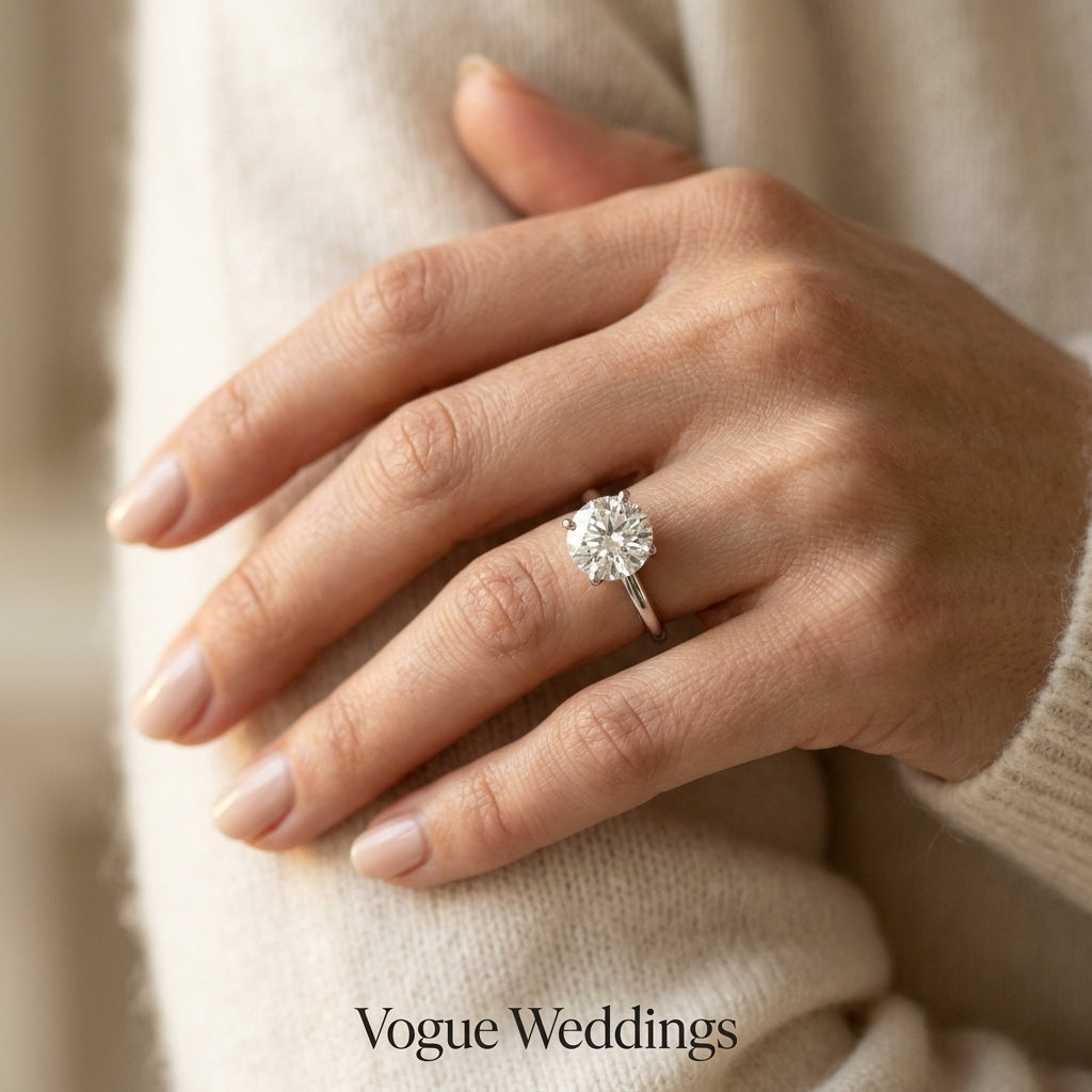 Round Hidden Halo Engagement Ring - worn lifestyle photo