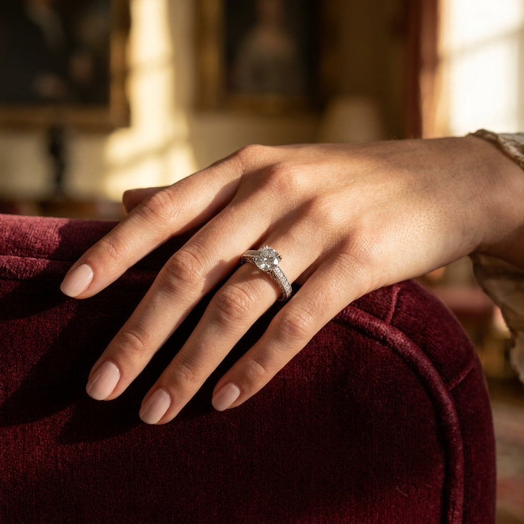 Vintage-Inspired Milgrain Trellis Engagement Ring - worn lifestyle photo