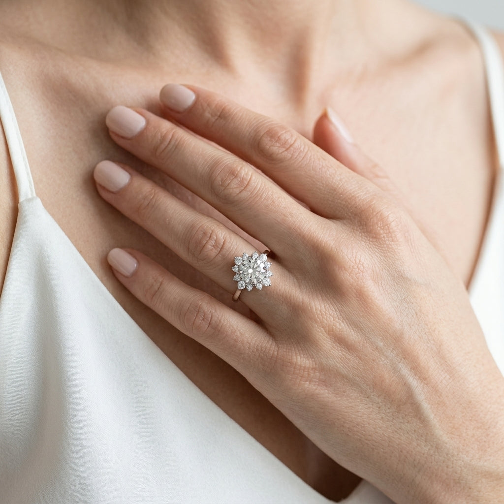 Round Scattered Halo Engagement Ring - worn lifestyle photo