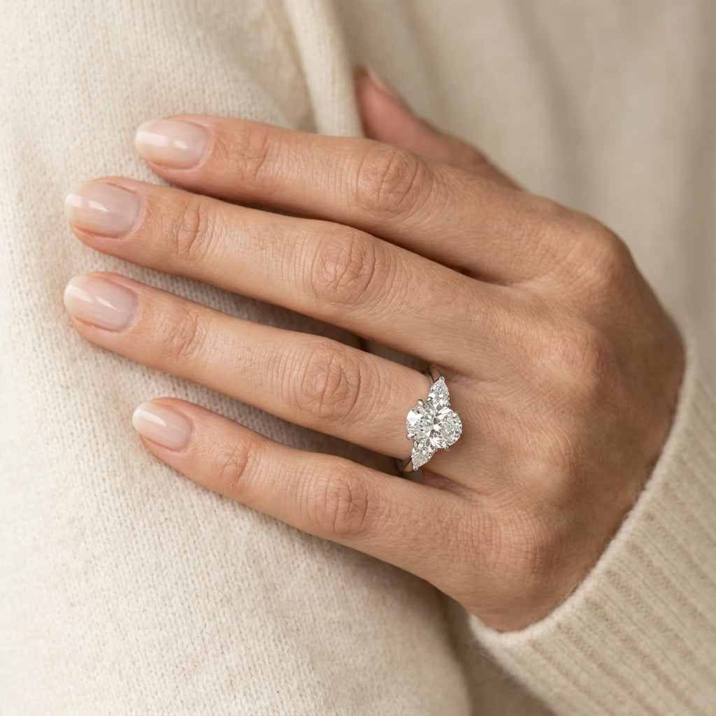 3-Stone Oval Engagement Ring w/ Pear Sides - worn lifestyle photo