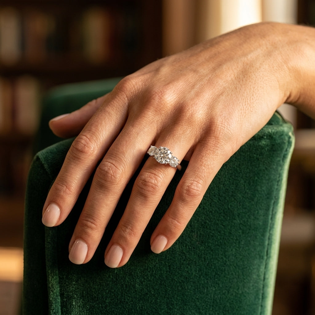 3-Stone Round Trellis Engagement Ring - worn lifestyle photo