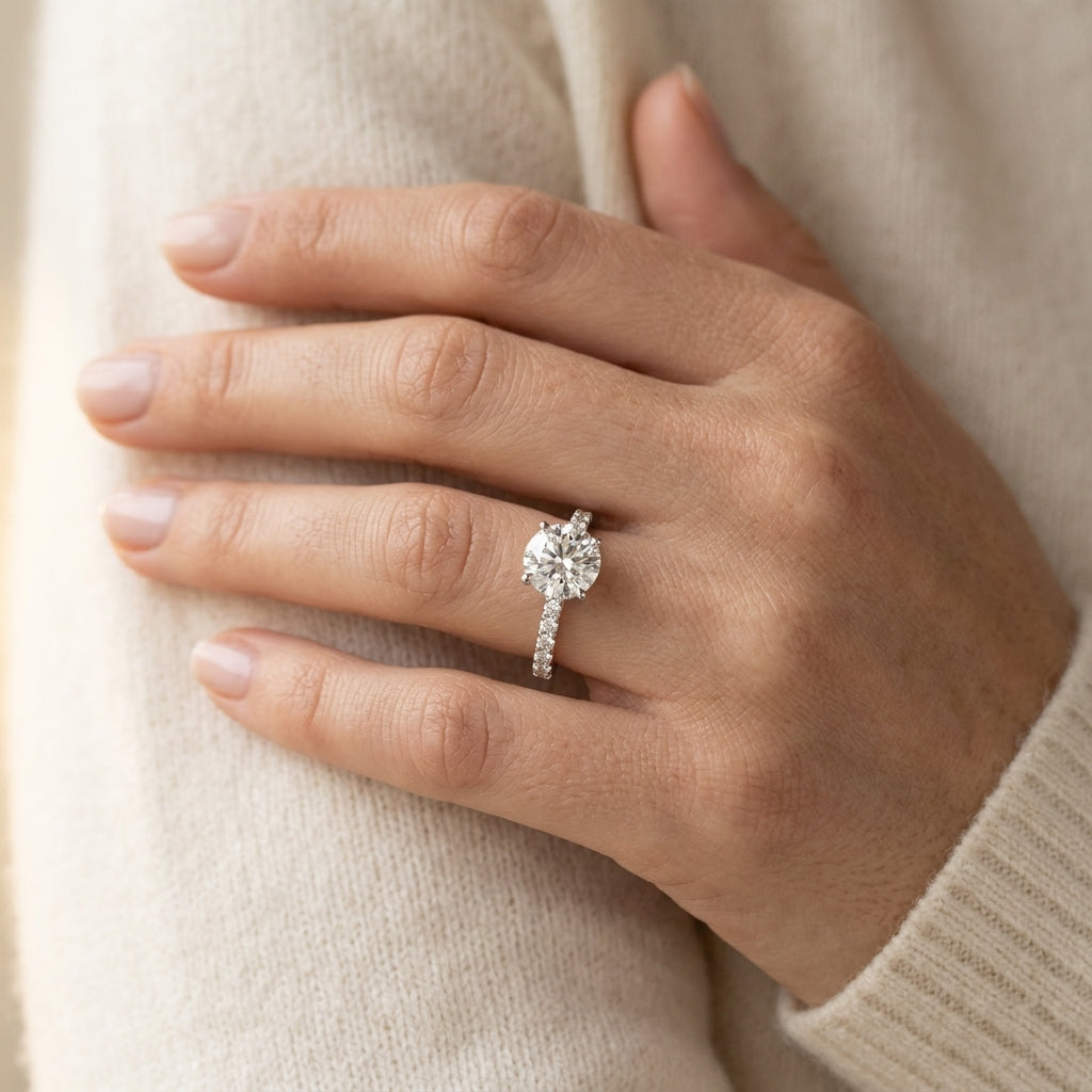 Single Row Shared Prong Engagement Ring - worn lifestyle photo